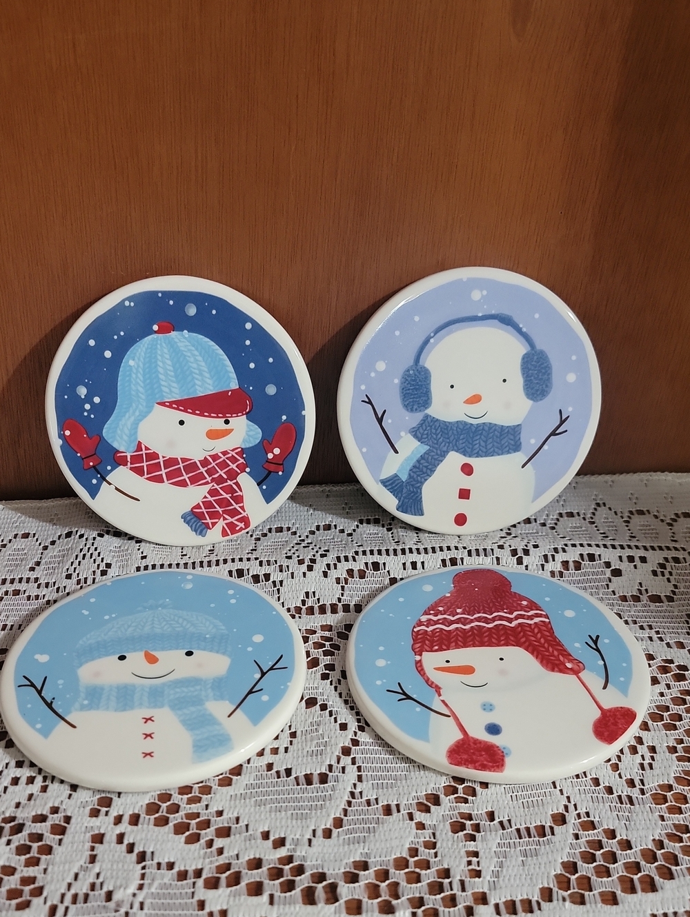 Holiday Snowman Ceramic Coasters - Blue and Red